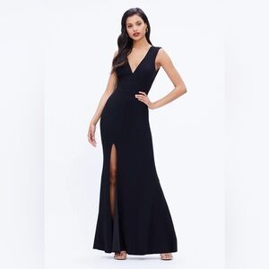 Dress the population Sandra Plunging Thick Strap Solid Gown with Slit Dress